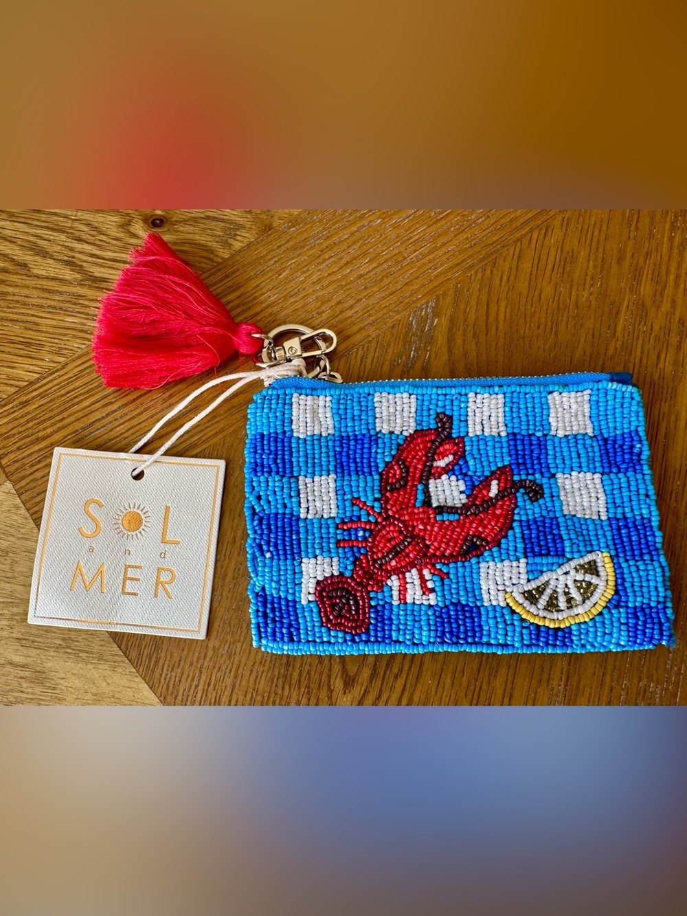 SOL & MER 🦞 Lobster with Lemon Beaded Coin Wallet Pouch Purse with Tassel NWT